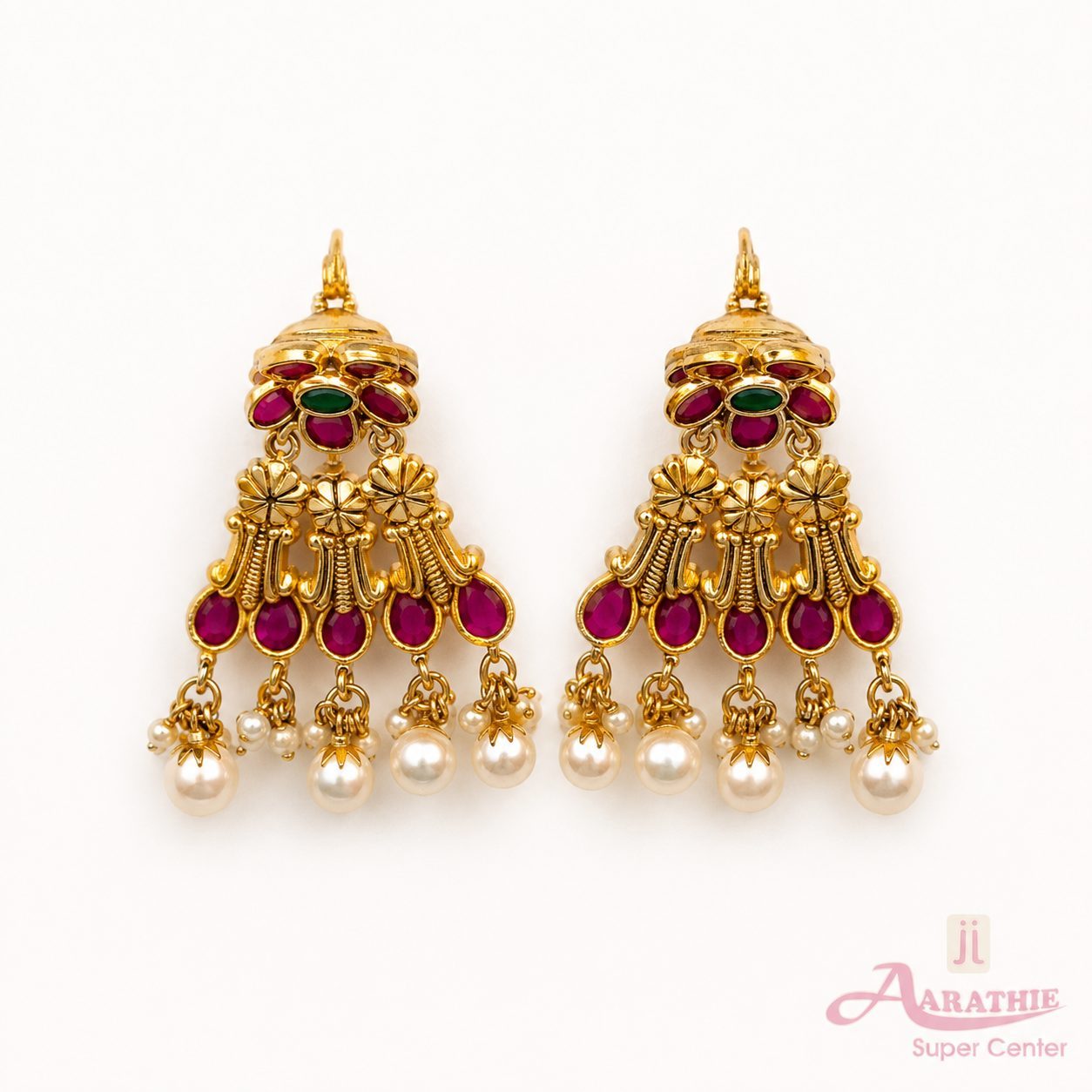 Gold Temple Earrings with Pearls