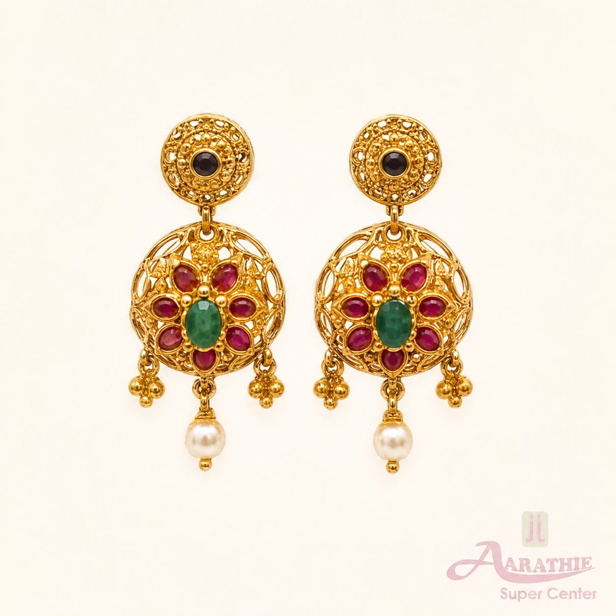 Gold Floral Earrings with Pearls