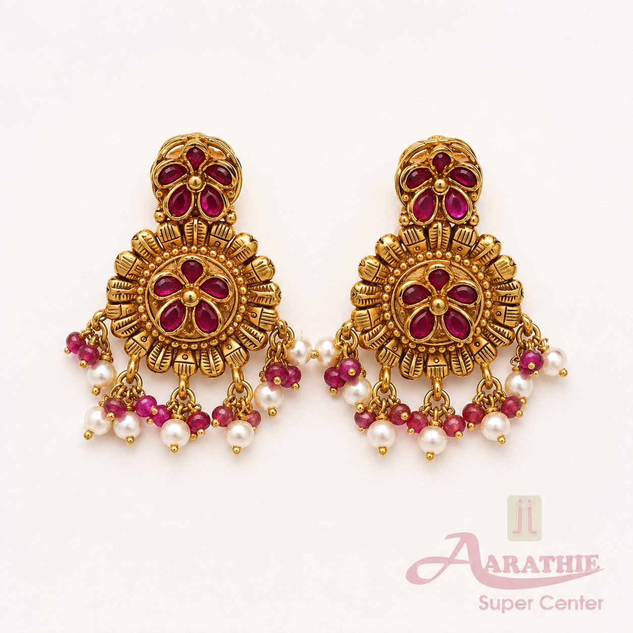 Gold Temple Earrings with Ruby Stones