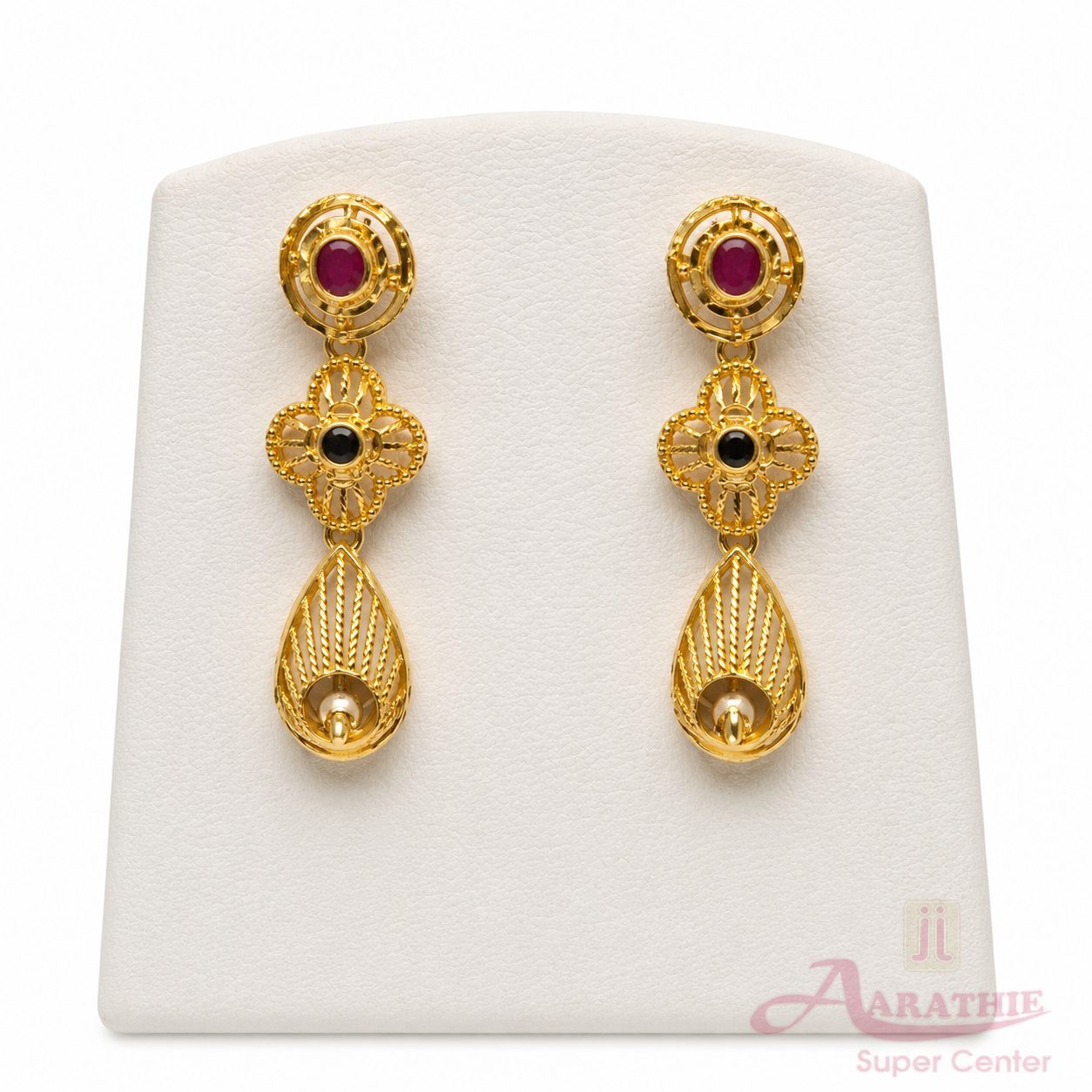Gold Drop Earrings with Red Stones