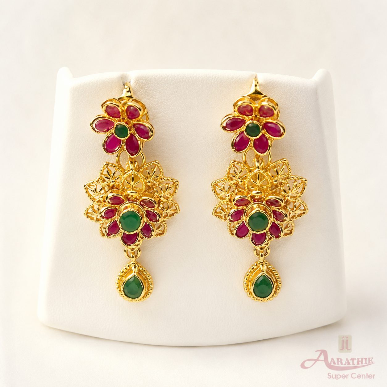 Gold Floral Earrings with Red and Green Stones