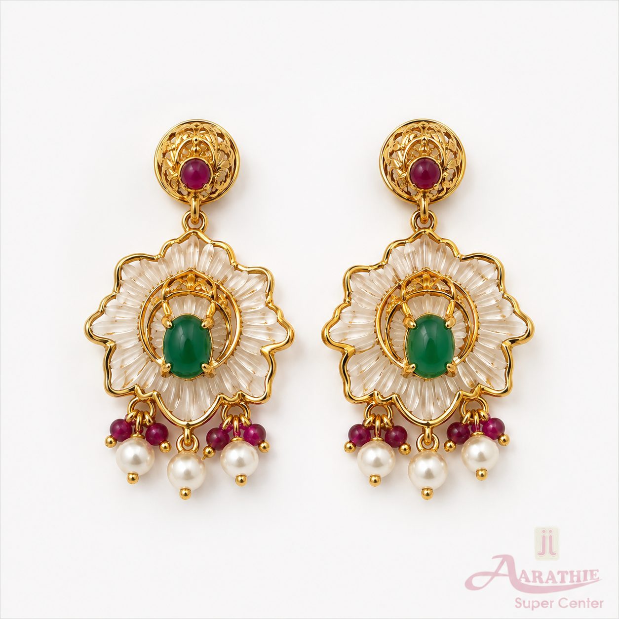 Gold Floral Earrings with Pearls