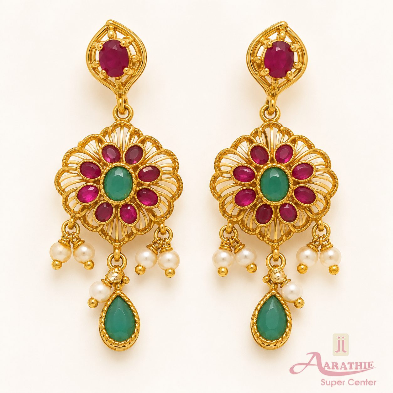 Gold Floral Earrings with Gemstones
