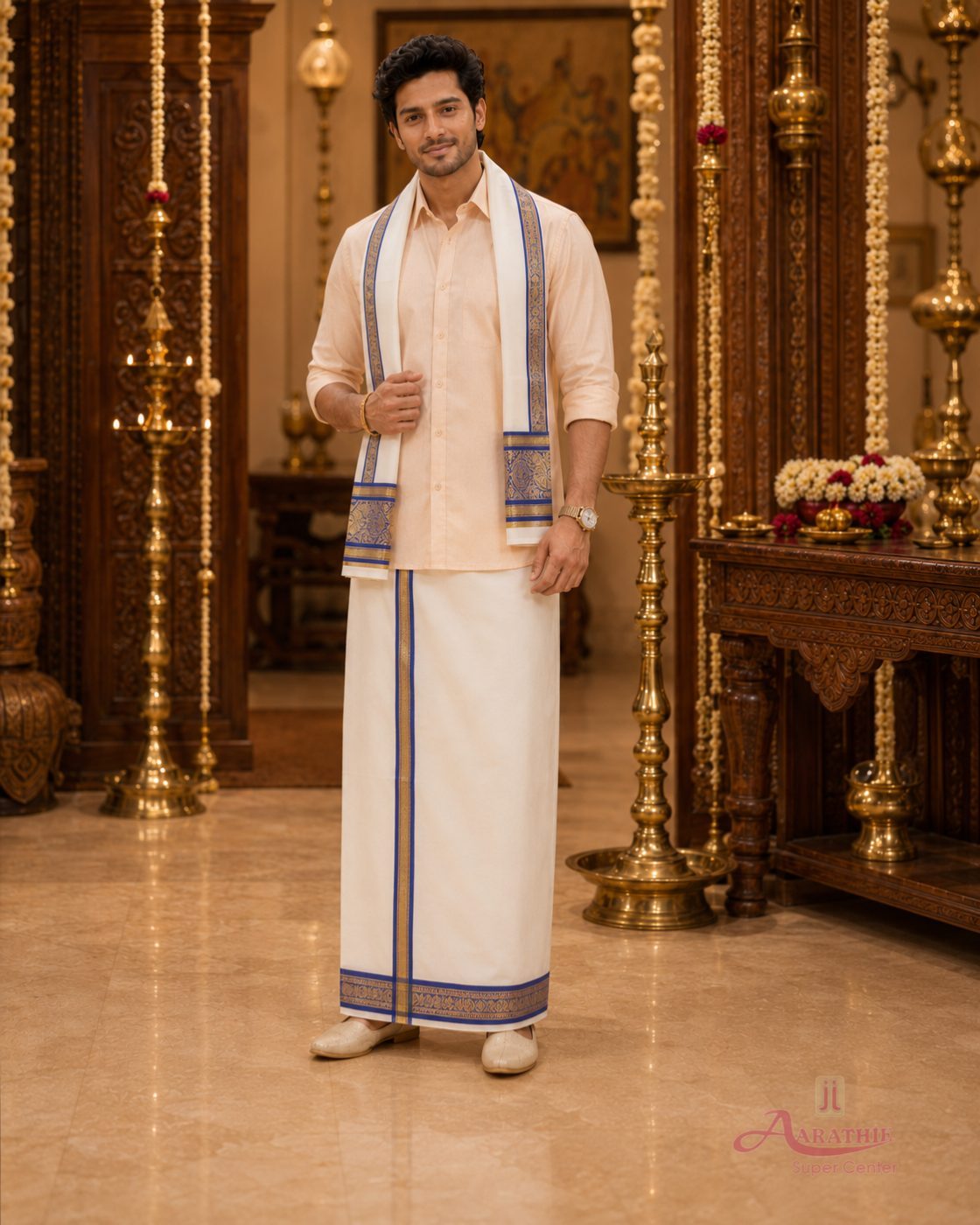 White Dhoti & Shirt with Blue Border