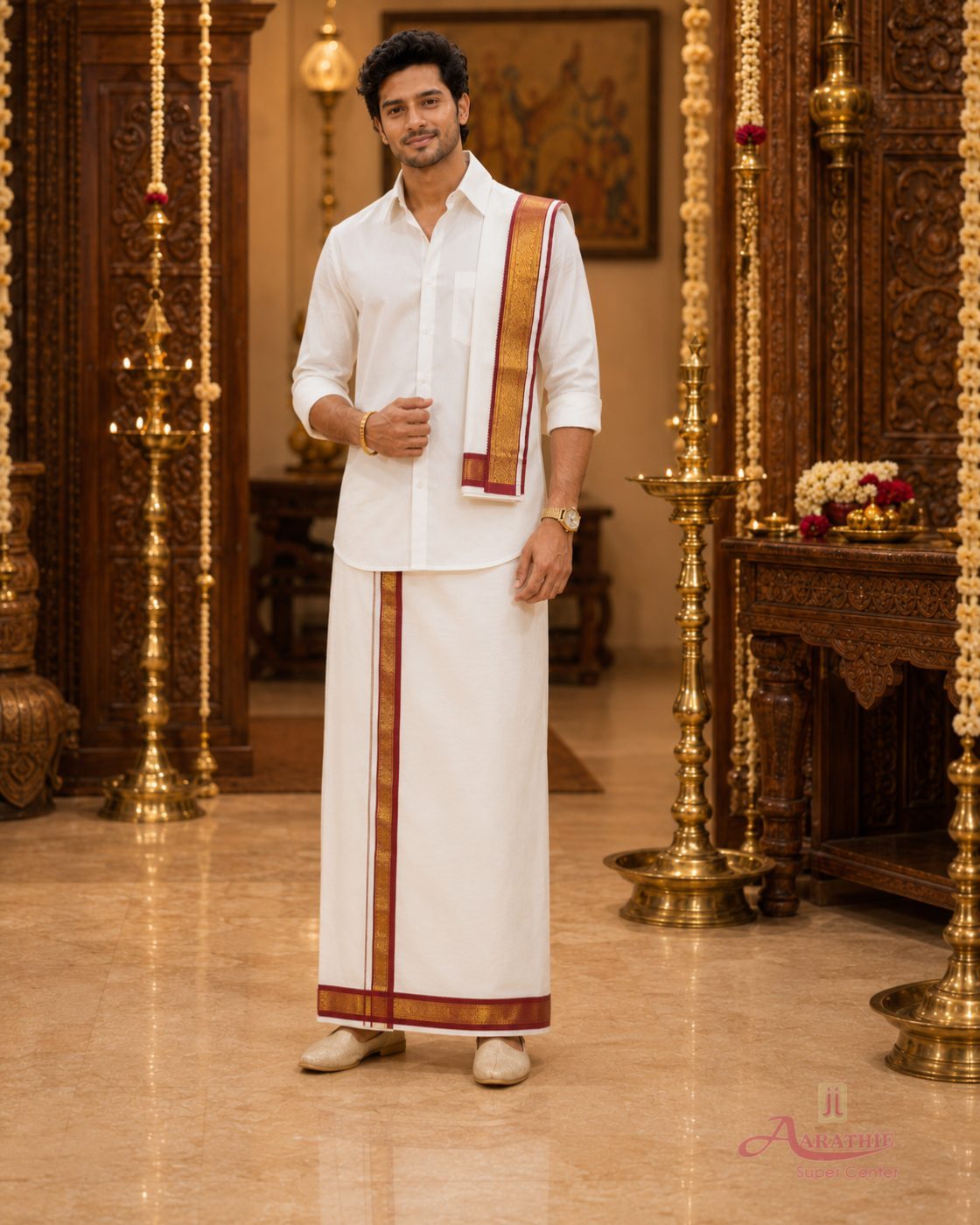 White Shirt and Dhoti Set with Traditional Border