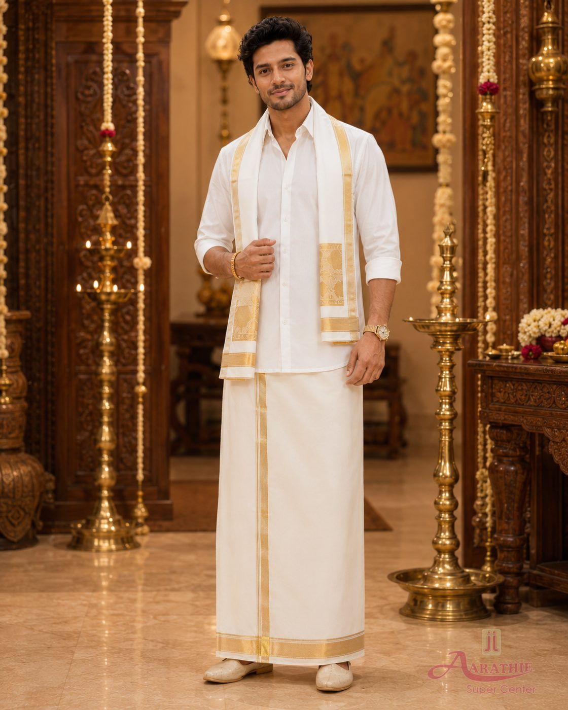 White Cotton Dhoti & Shirt with Gold Border