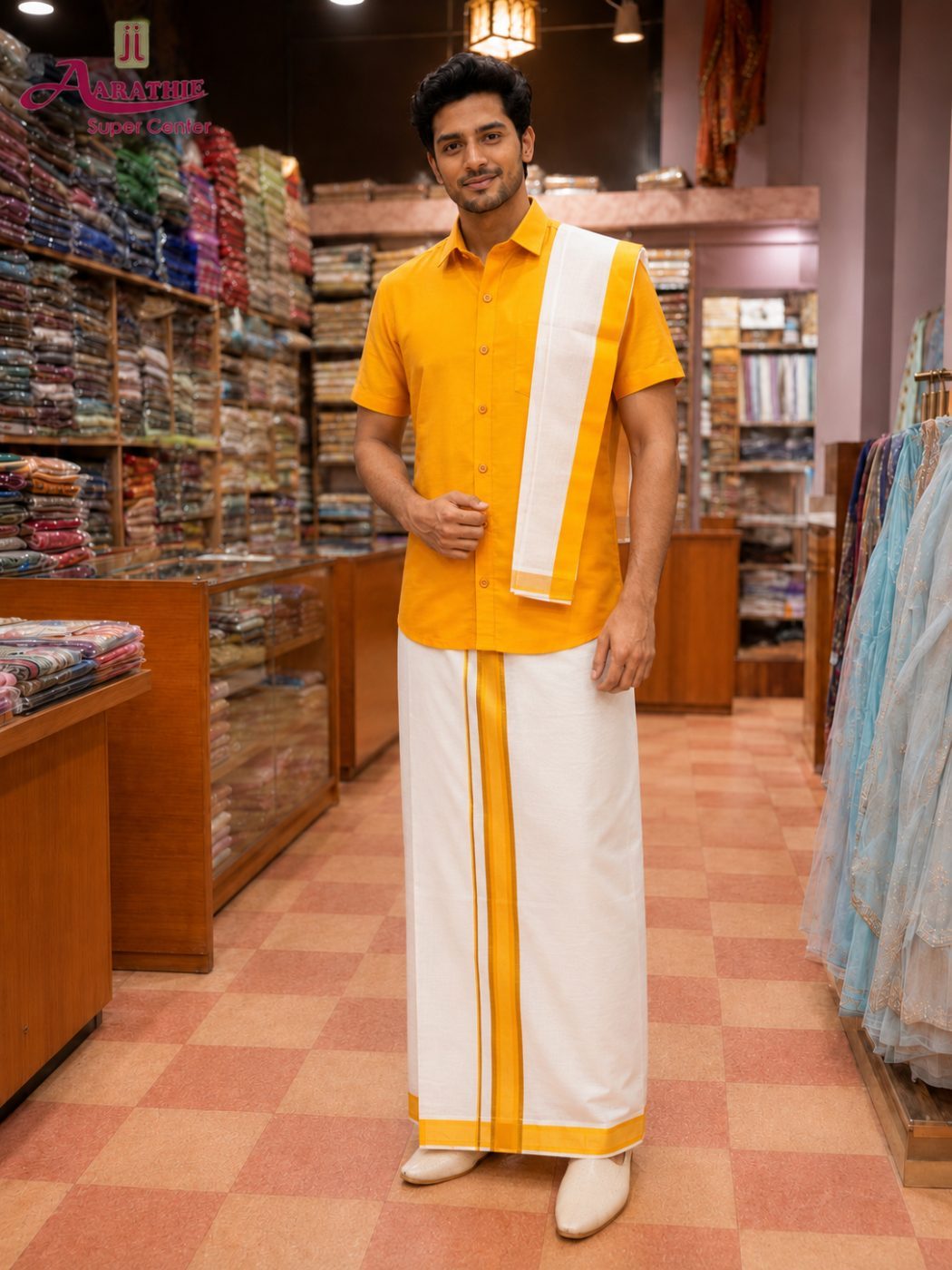 White and Yellow Dhoti with Shirt