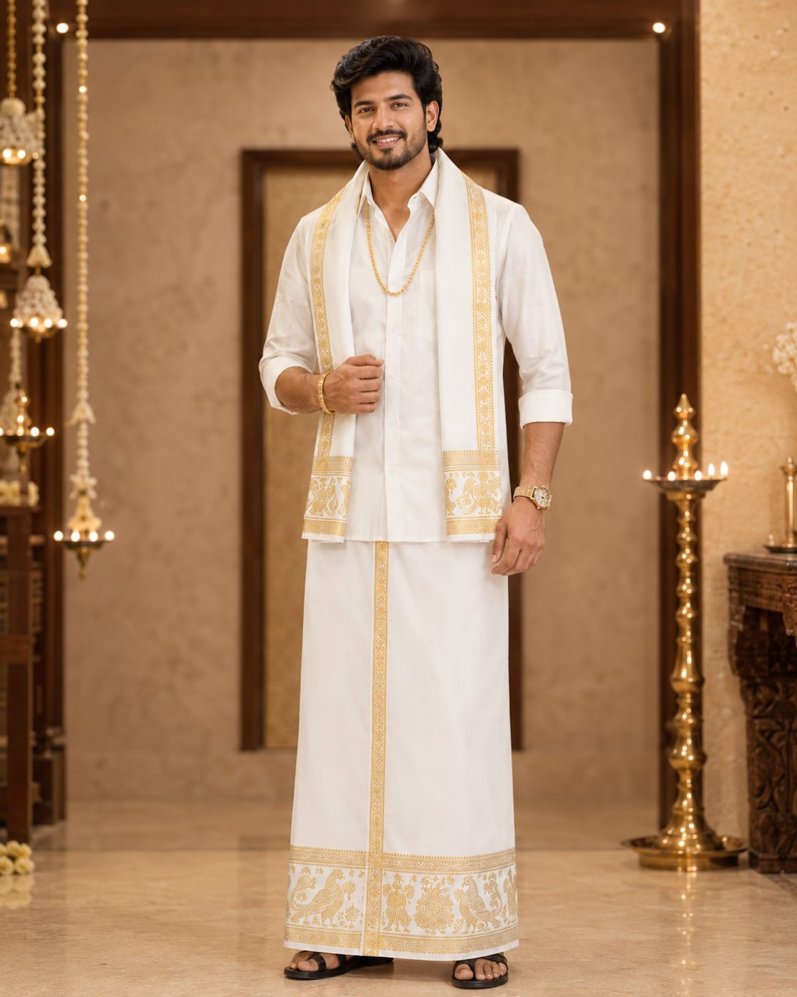 White Dhoti and Shirt with Gold Border
