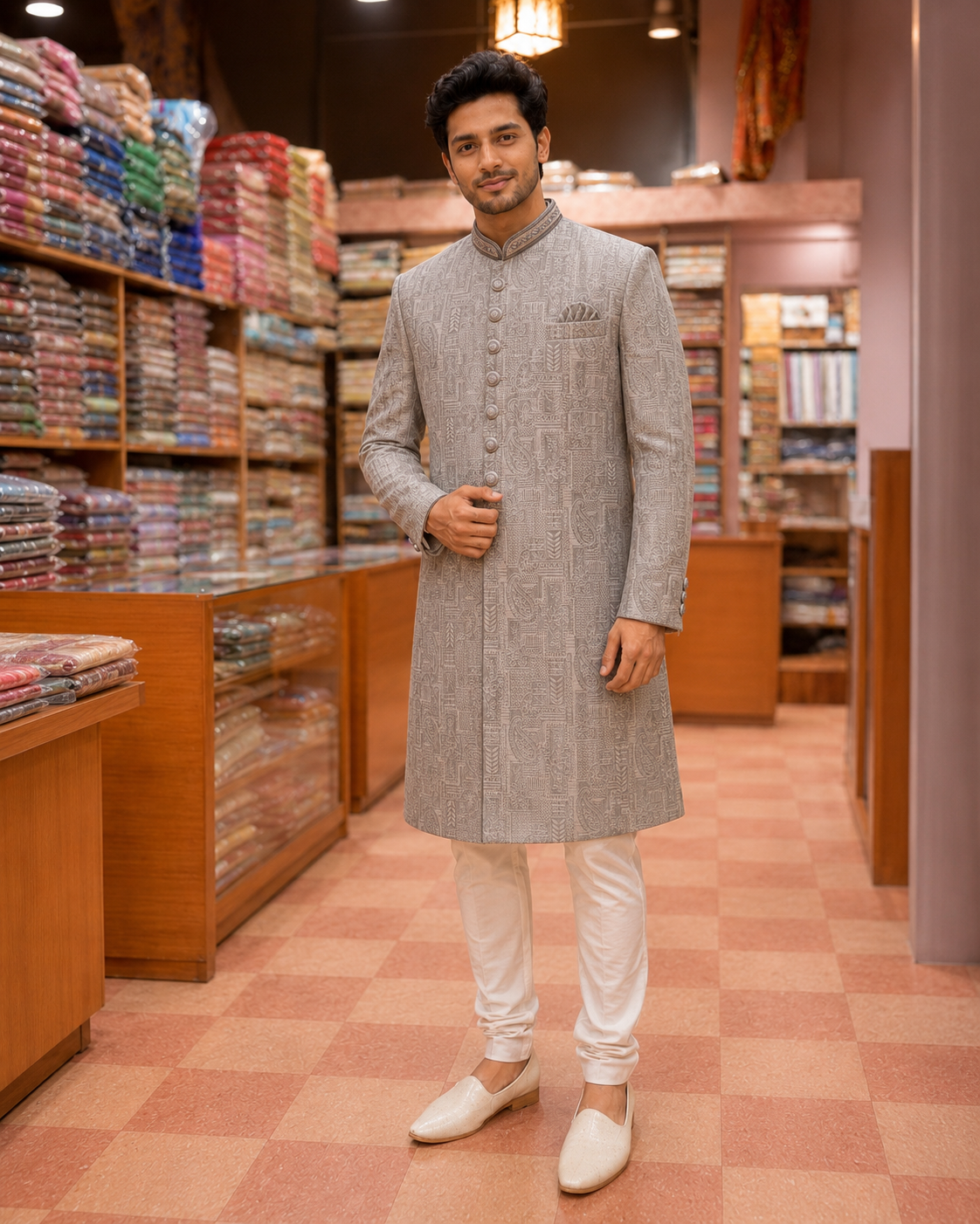 Embroidered Sherwani - Grey