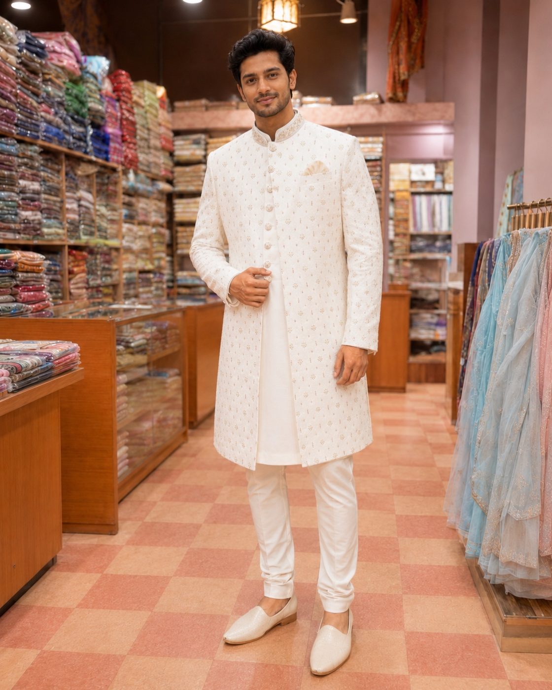 Textured White Sherwani