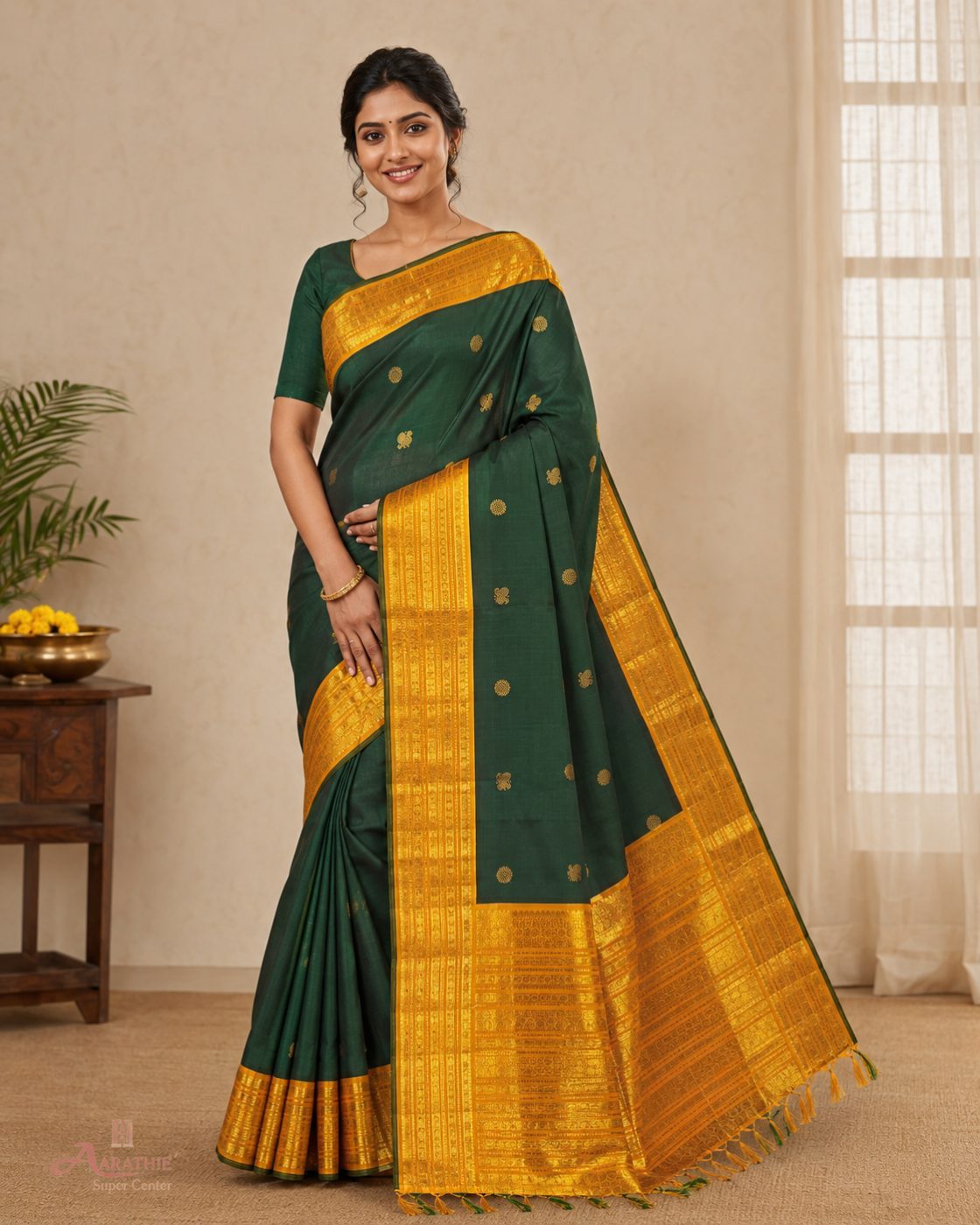 Green Silk Saree with Gold Border