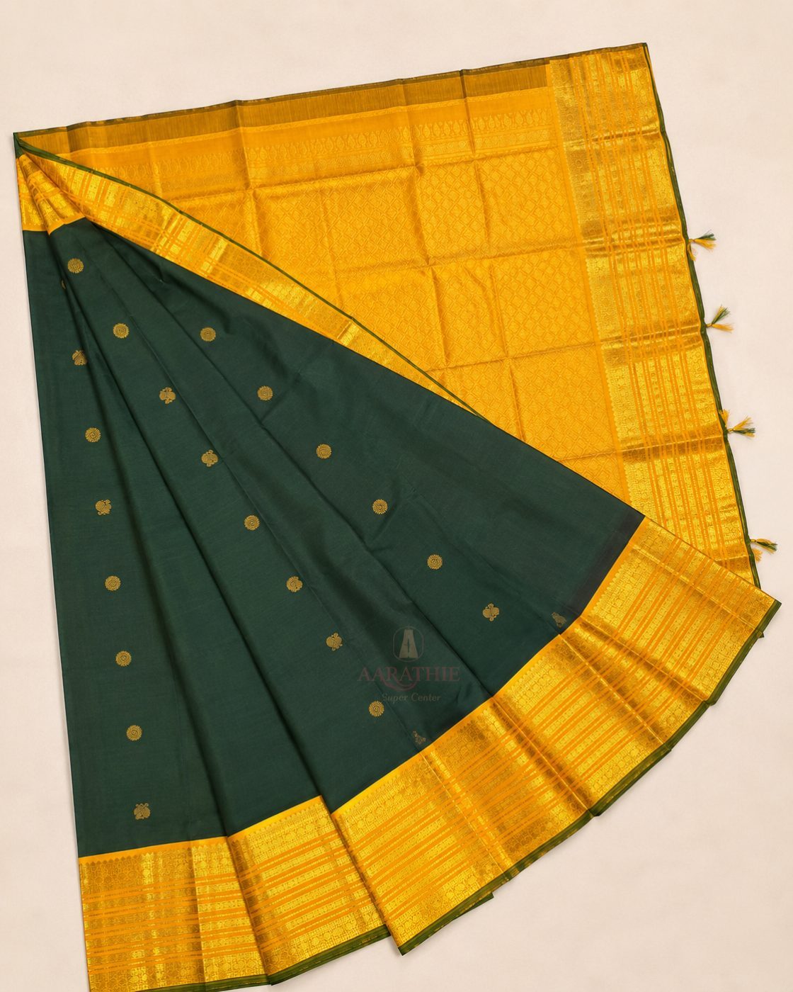 Green Silk Saree with Gold Border