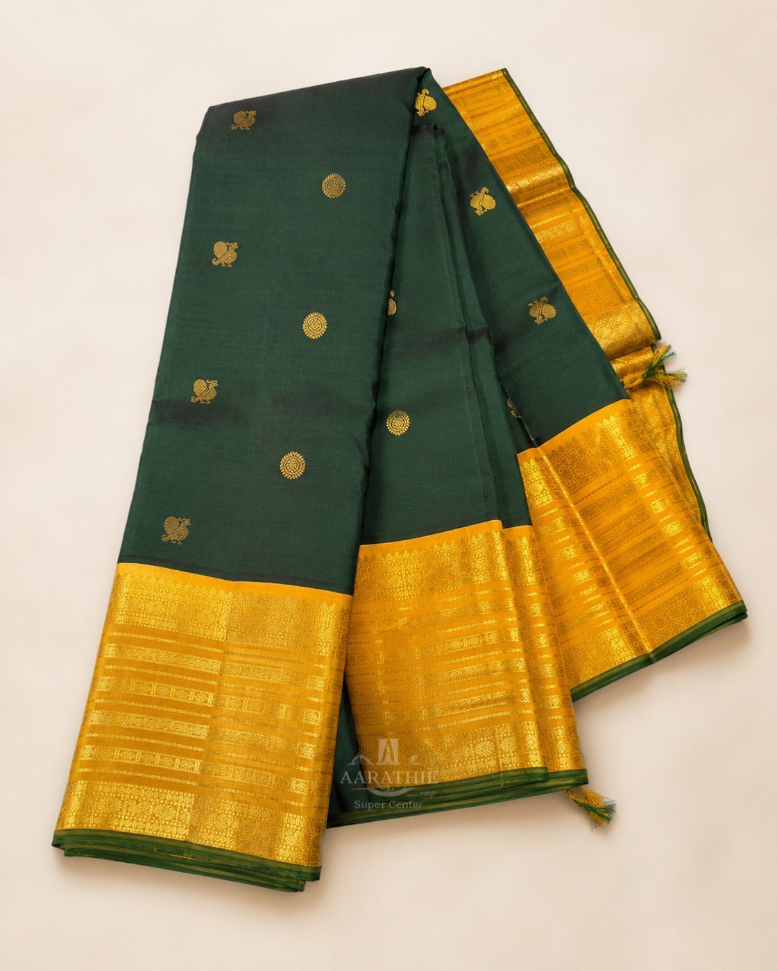 Green Silk Saree with Gold Border