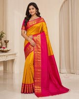 Yellow and Pink Silk Saree