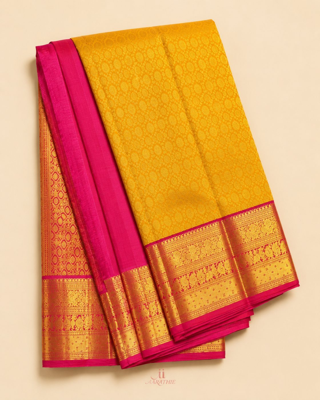 Yellow and Pink Silk Saree