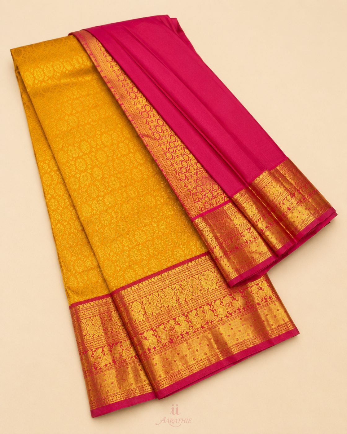 Yellow and Pink Silk Saree