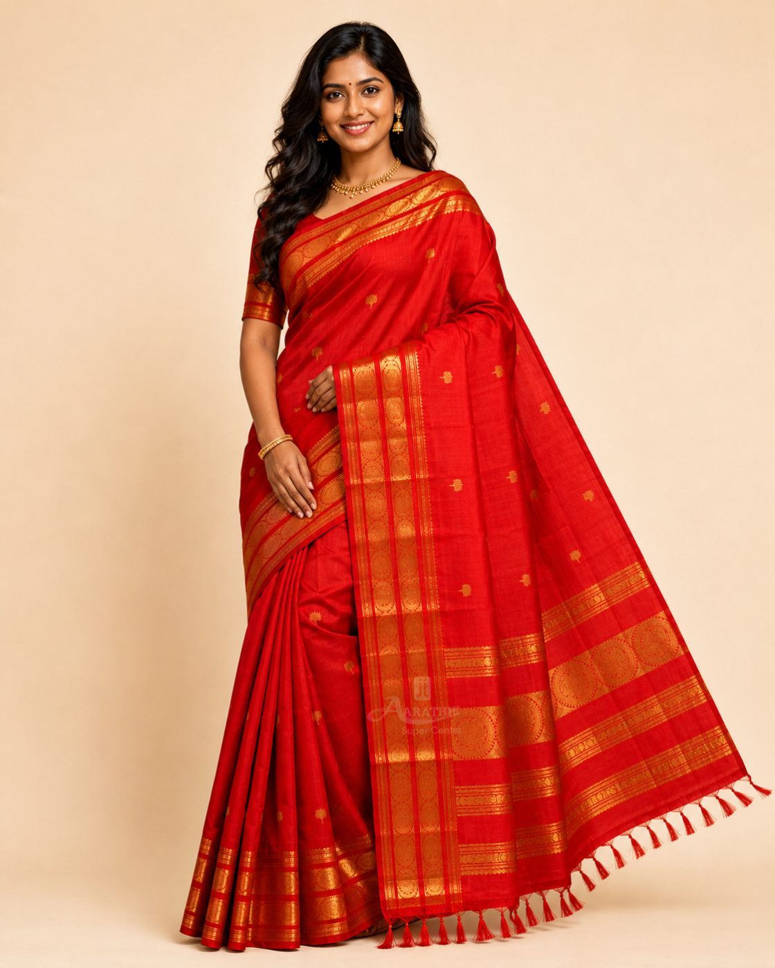 Red Silk Saree with Gold Zari Border