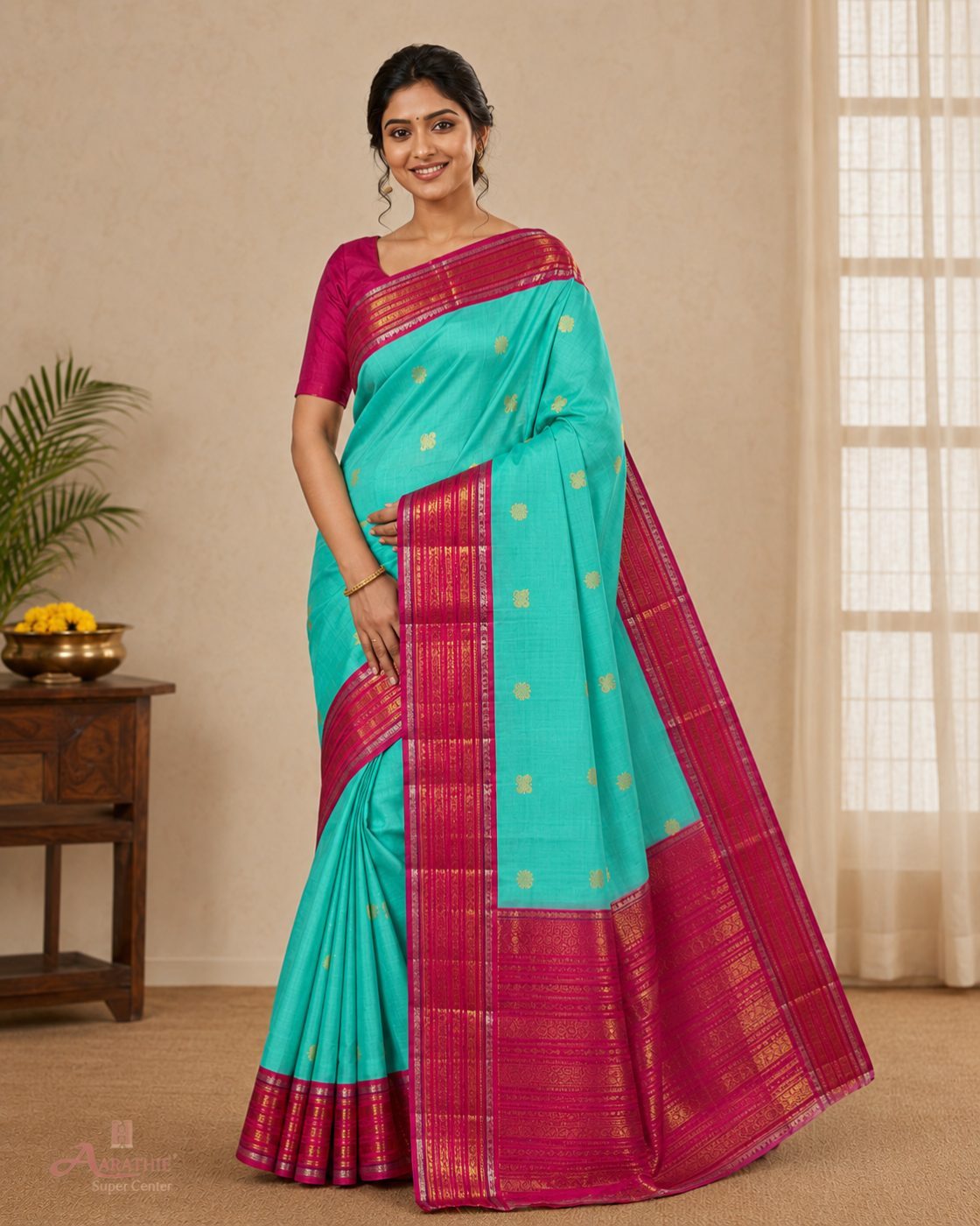 Turquoise Silk Saree with Pink Border