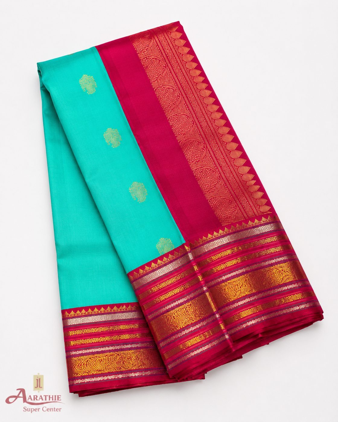Turquoise Silk Saree with Pink Border