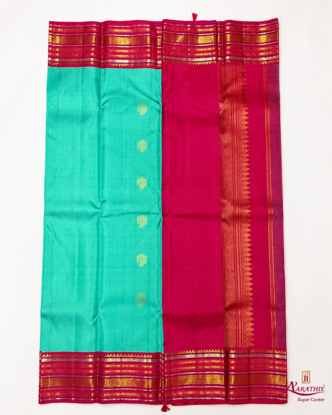 Turquoise Silk Saree with Pink Border